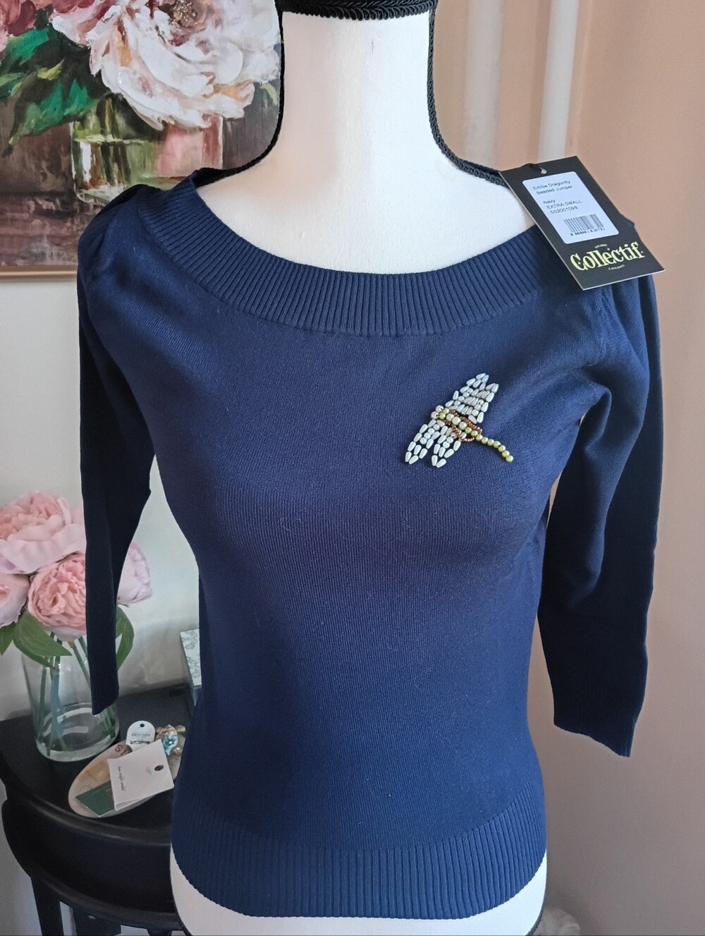 Collectif Navy Embellished Dragonfly Scoop Neck Sweater